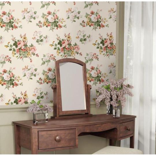 rozsamintas viragmintas szines tapeta romantikus vintage rozsaszin zold sarga malyva virag noveny minta kastely videkihaz villa.jpg